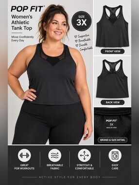 Pop fit women's 3X grey black athletic tank top #07